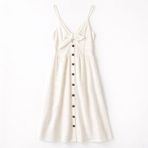 White Eyelet Lace Tie Front Midi Dress Smocked Back Adjustable Straps Sweetheart